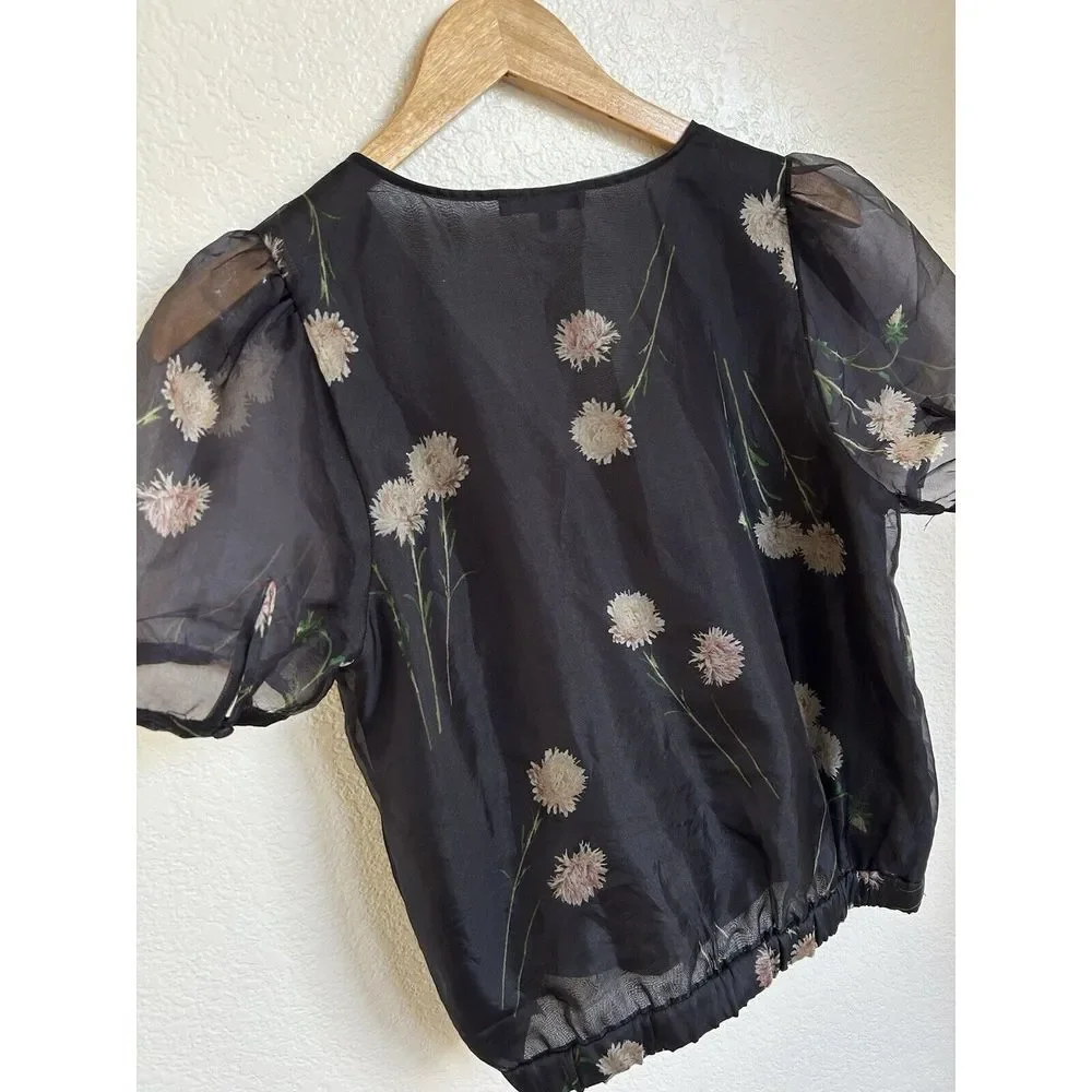Madewell‎ Silk Organza Wrap Top Women XS Black Floral Puff Sleeve MA826